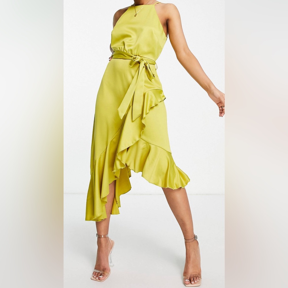 Halter wrap midi dress in lime green